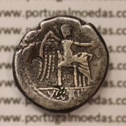 MOEDA QUINÁRIO PRATA DA REPÚBLICA ROMANA FAMÍLIA “PORCIA” (ANO 89 a.C.) “M. PORCIUS CATO” LEGENDA (M.CATO / VICTRIX)