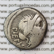 MOEDA DENÁRIO PRATA DA REPÚBLICA ROMANA FAMÍLIA “POSTUMIA” (ANO 48 a.C.) LEGENDA (PIETAS / ALBINVS BRVTI F.)