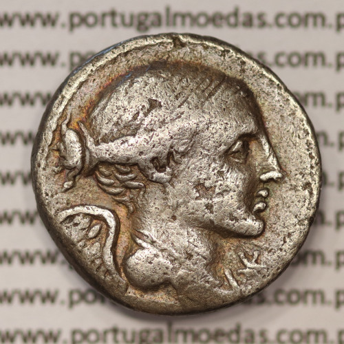MOEDA DENÁRIO PRATA DA REPÚBLICA ROMANA FAMÍLIA “VALERIA” (ANO 108 a.C. a 107 a.C.) LEGENDA (L. VALERI. ELACCI.)
