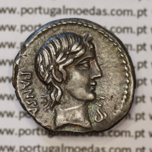 Denário da República Romana 90 a.C. – C. Vibius Pansa – Apollo / Victoria em Quadriga – Família Vibia (Busto Pequeno)