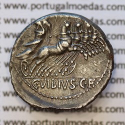 Denário da República Romana 90 a.C. – C. Vibius Pansa – Apollo / Victoria em Quadriga – Família Vibia (Busto Pequeno)