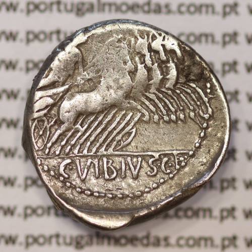 Denário da República Romana 90 a.C. – C. Vibius Pansa – Apollo / Victoria em Quadriga – Família Vibia (Busto Grande)2