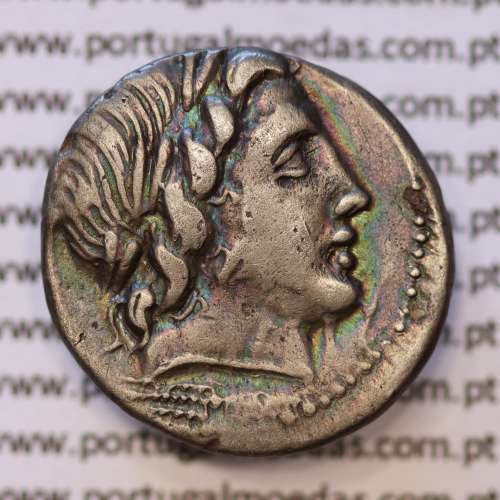 MOEDA DENÁRIO ANÓNIMO PRATA DA REPÚBLICA ROMANA  (86 a.C.-113 a.C.) CABEÇA DE APOLO À DIREITA / JÚPITER EM QUADRIGA À DIREITA