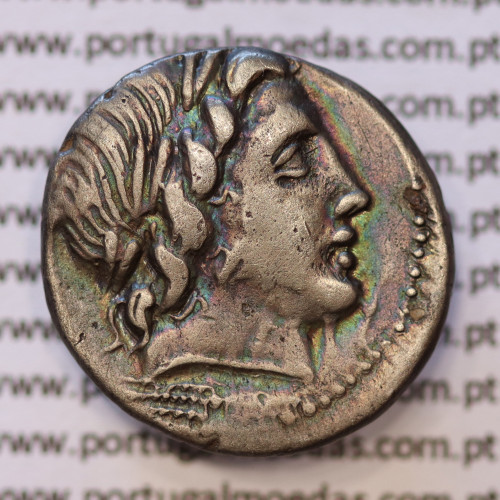 MOEDA DENÁRIO ANÓNIMO PRATA DA REPÚBLICA ROMANA  (86 a.C.-113 a.C.) CABEÇA DE APOLO À DIREITA / JÚPITER EM QUADRIGA À DIREITA