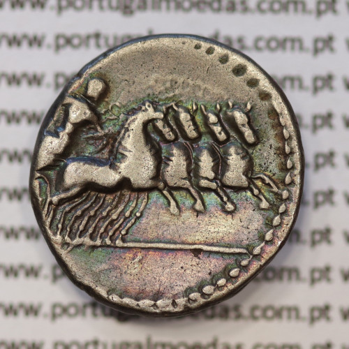 MOEDA DENÁRIO ANÓNIMO PRATA DA REPÚBLICA ROMANA  (86 a.C.-113 a.C.) CABEÇA DE APOLO À DIREITA / JÚPITER EM QUADRIGA À DIREITA