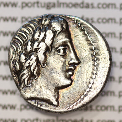 MOEDA DENÁRIO ANÓNIMO PRATA DA REPÚBLICA ROMANA  (86 a.C.) CABEÇA DE APOLO À DIREITA / JÚPITER EM QUADRIGA À DIREITA