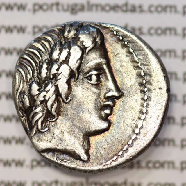 MOEDA DENÁRIO ANÓNIMO PRATA DA REPÚBLICA ROMANA  (86 a.C.) CABEÇA DE APOLO À DIREITA / JÚPITER EM QUADRIGA À DIREITA