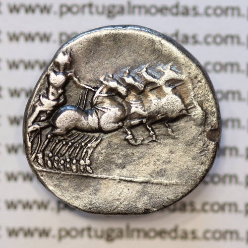 MOEDA DENÁRIO ANÓNIMO PRATA DA REPÚBLICA ROMANA  (86 a.C.) CABEÇA DE APOLO À DIREITA / JÚPITER EM QUADRIGA À DIREITA
