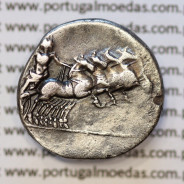 MOEDA DENÁRIO ANÓNIMO PRATA DA REPÚBLICA ROMANA  (86 a.C.) CABEÇA DE APOLO À DIREITA / JÚPITER EM QUADRIGA À DIREITA