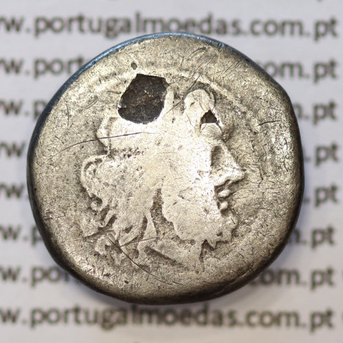 MOEDA VICTORIATUS EM PRATA DA REPUBLICA ROMANA FAMÍLIA ANÓNIMA (ANO 211 a.C.) CABEÇA  JÚPITER   VITÓRIA E TROFÉU DE COROAÇÃO.