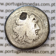 MOEDA VICTORIATUS EM PRATA DA REPUBLICA ROMANA FAMÍLIA ANÓNIMA (ANO 211 a.C.) CABEÇA  JÚPITER   VITÓRIA E TROFÉU DE COROAÇÃO.