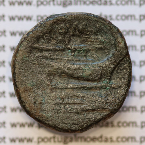 MOEDA TRIENS BRONZE ANÓNIMO DA REPÚBLICA ROMANA (ANO 217 a.C. A 215 a.C.) CABEÇA DE MINERVA COM CAPACETE / PROA / ROMA