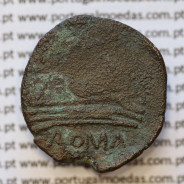 MOEDA TRIENS BRONZE ANÓNIMO DA REPÚBLICA ROMANA, CABEÇA DE ROMA COM CAPACETE / PROA / ROMA