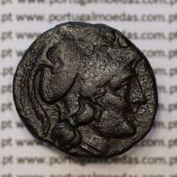 MOEDA TRIENS BRONZE ANÓNIMO DA REPÚBLICA ROMANA (ANO 217 a.C. A 215 a.C.) CABEÇA DE MINERVA COM CAPACETE / PROA / ROMA