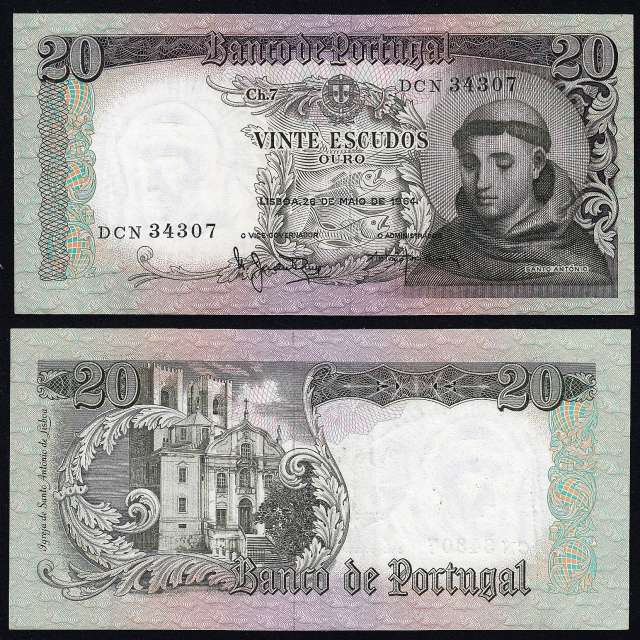 Nota de 20 Escudos 1964 Santo António, 20$00 26/05/1964 Chapa: 7 - Banco de Portugal (Pouco Circulada)
