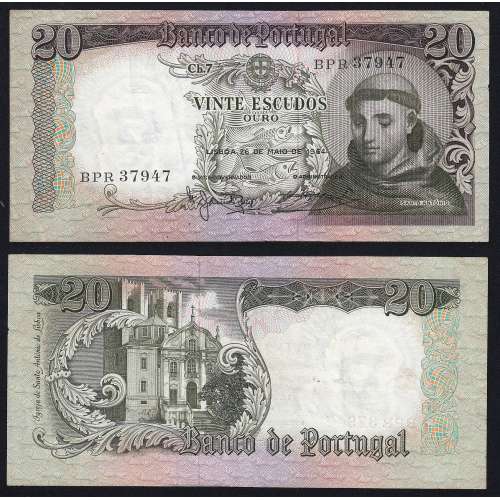 Nota de 20 Escudos 1964 Santo António, 20$00 26/05/1964 Chapa: 7 - Castanha - Banco de Portugal (Pouco Circulada)