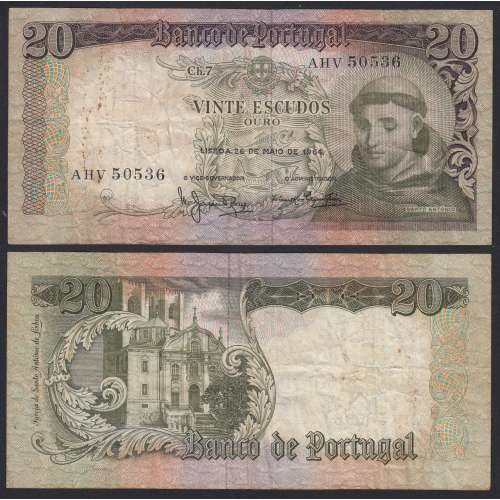 Nota de 20 Escudos 1964 Santo António, 20$00 26/05/1964 Chapa: 7 - Castanha - Banco de Portugal (Circulada)