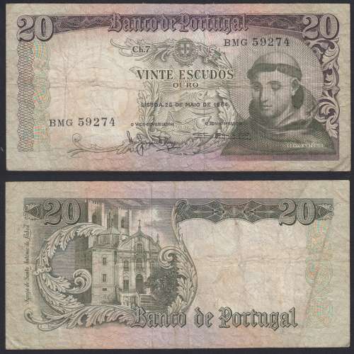 Nota de 20 Escudos 1964 Santo António, 20$00 26/05/1964 Chapa: 7 - Castanha - Banco de Portugal (Circulada)