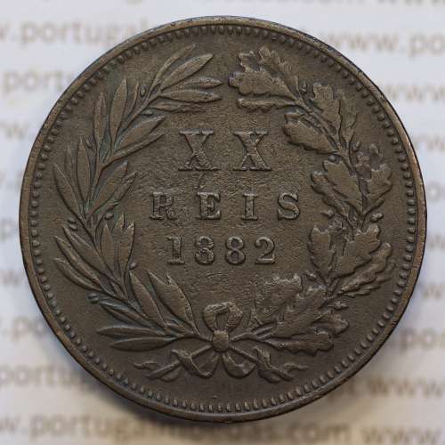 Moeda 20 Réis Bronze (XX Réis) 1882 (MBC+) - Rei D. LUIS I - World Coins Portugal KM527