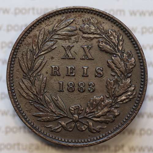 Moeda 20 Réis Bronze (XX Réis) 1883 (MBC+ / BELA-) - Rei D. LUIS I - World Coins Portugal KM527