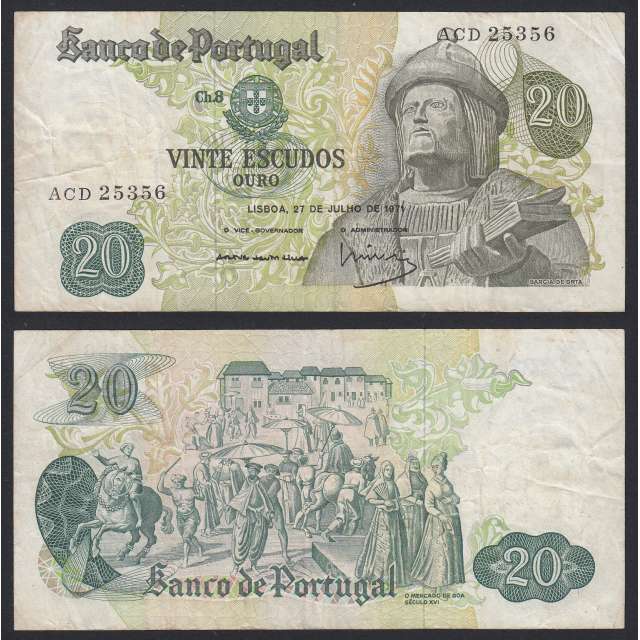 Nota de 20 Escudos 1971 Garcia de Orta, 20$00 27/07/1971 Chapa: 8 - Banco de Portugal (Circulada)