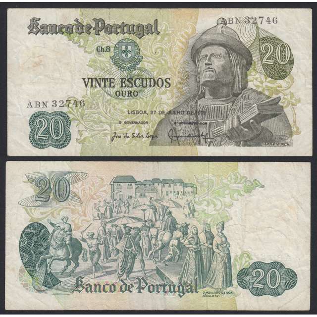 Nota de 20 Escudos 1971 Garcia de Orta, 20$00 27/07/1971 Chapa: 8 - Banco de Portugal (Circulada)