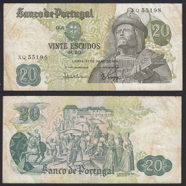 Nota de 20 Escudos 1971 Garcia de Orta, 20$00 27/07/1971 Chapa: 8 - Banco de Portugal (Circulada)