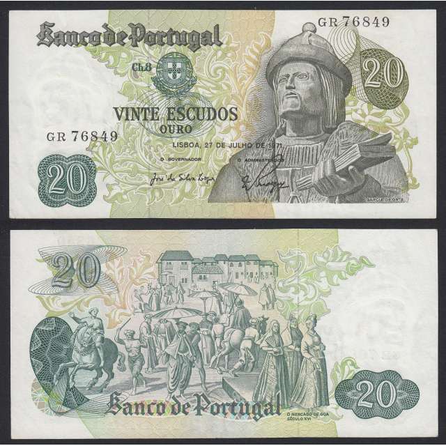 Nota de 20 Escudos 1971 Garcia de Orta, 20$00 27/07/1971 Chapa: 8 - Banco de Portugal (Pouco Circulada)
