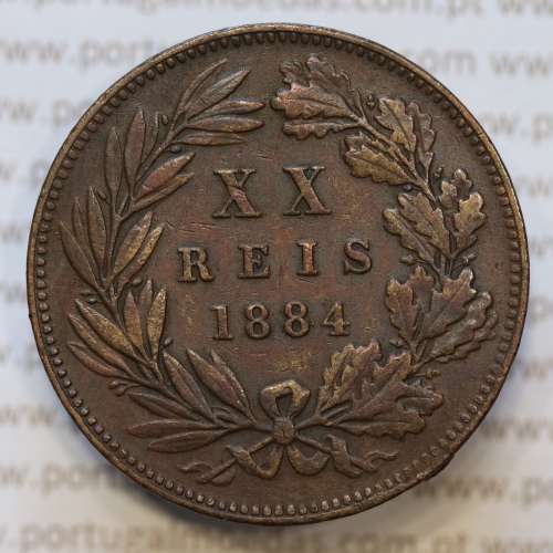 Moeda 20 Réis Bronze (XX Réis) 1884 (MBC+) - Rei D. LUIS I - World Coins Portugal KM527