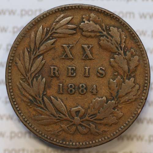 Moeda 20 Réis Bronze (XX Réis) 1884 (MBC) - Rei D. LUIS I - World Coins Portugal KM527