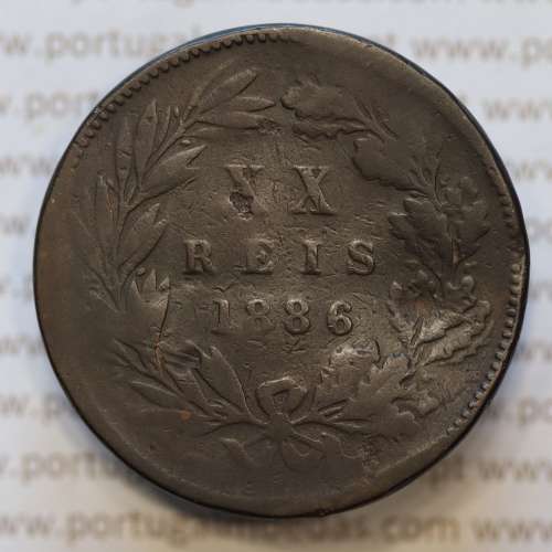 Moeda 20 Réis Bronze (XX Réis) 1886 (BC) - Rei D. LUIS I - World Coins Portugal KM527