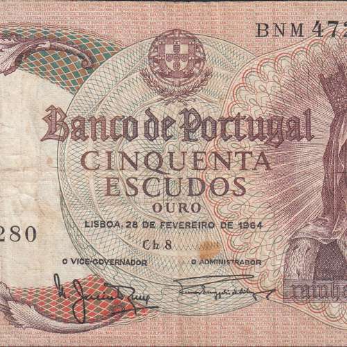 Nota de 50 Escudos 1964 Rainha Santa Isabel, 50$00 28/02/1964 Chapa: 8 - Banco de Portugal (Circulada)
