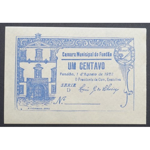 CÉDULA CÂMARA MUNICIPAL DO FUNDÃO - VALE 1 CENTAVO ( NÃO CIRCULADA )
