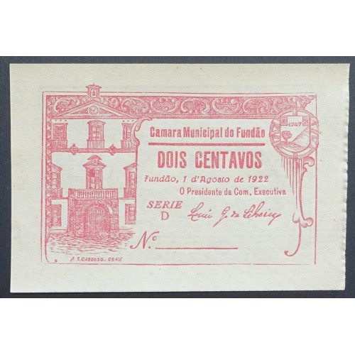 CÉDULA CÂMARA MUNICIPAL DO FUNDÃO - VALE 2 CENTAVOS ( NÃO CIRCULADA )