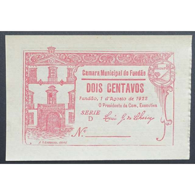 CÉDULA CÂMARA MUNICIPAL DO FUNDÃO - VALE 2 CENTAVOS ( NÃO CIRCULADA )