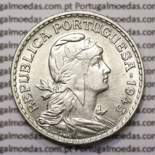 1 Escudo 1945 Alpaca, 1$00 1945 alpaca Republica Portuguesa, (Bela), World Coins Portugal  KM 578