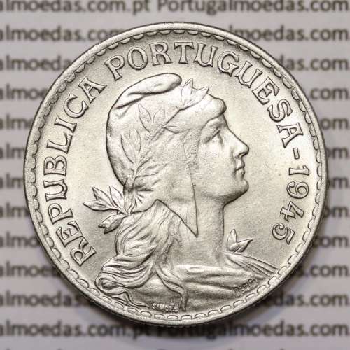 Portugal, coin of 1 Escudo 1945 Alpaca of the Portuguese Republic, (UNC), World Coins Portugal KM 578