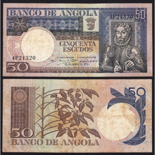 Nota de 50 Escudos 1973 Luiz de Camões, 50$00 10/06/1973 - Banco de Angola (Circulada)