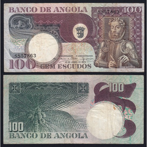 Nota de 100 Escudos 1973 Luiz de Camões, 100$00 10/06/1973 - Banco de Angola (Circulada)