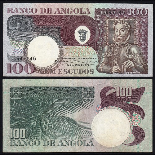 Nota de 100 Escudos 1973 Luiz de Camões, 100$00 10/06/1973 - Banco de Angola (Pouco Circulada)