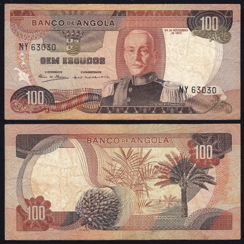 Nota de 100 Escudos 1972 Marechal de Carmona, 100$00 24/11/1972 - Banco de Angola (Circulada)