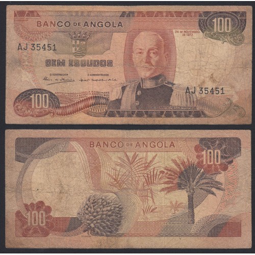 Nota de 100 Escudos 1972 Marechal Carmona, 100$00 24/11/1972 - Banco de Angola (Muito Circulada)