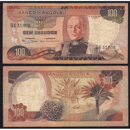 Nota de 100 Escudos 1972 Marechal Carmona, 100$00 24/11/1972 - Banco de Angola (Circulada +)