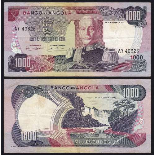 Nota de 1000 Escudos 1972 Marechal Carmona, 1000$00 24/11/1972 - Banco de Angola (Circulada)