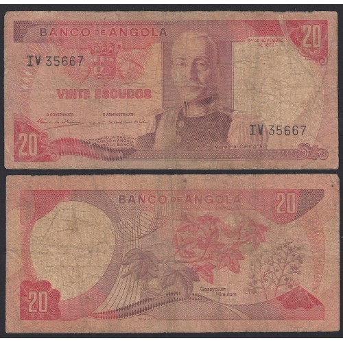 Nota de 20 Escudos 1972 Marechal Carmona, 20$00 24/11/1972 - Banco de Angola (Muito Circulada)