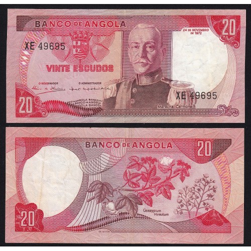 Nota de 20 Escudos 1972 Marechal Carmona, 20$00 24/11/1972 - Banco de Angola (Pouco Circulada)