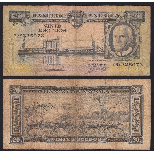 Nota de 20 Escudos 1962 Américo Tomás, 20$00 10/06/1962 - Banco de Angola (Circulada +)