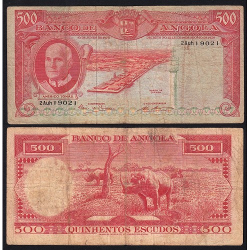 Nota de 500 Escudos 1970 Américo Tomás , 500$00 10/06/1970 - Banco de Angola (Muito Circulada)