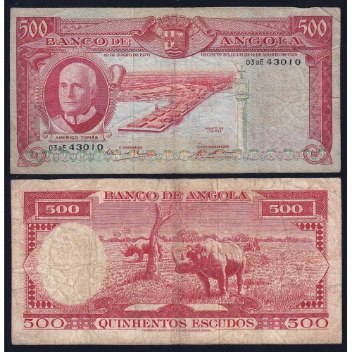 Nota de 500 Escudos 1970 Américo Tomás , 500$00 10/06/1970 - Banco de Angola (Circulada +)
