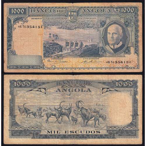 Nota de 1000 Escudos 1970 Américo Tomás, 1000$00 10/06/1970 - Banco de Angola (Circulada +)